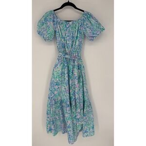 LILLY PULITZER TAMIE OFF THE SHOULDER MAXI DRESS XXS SURF BLUE SOLEIL IT ON ME